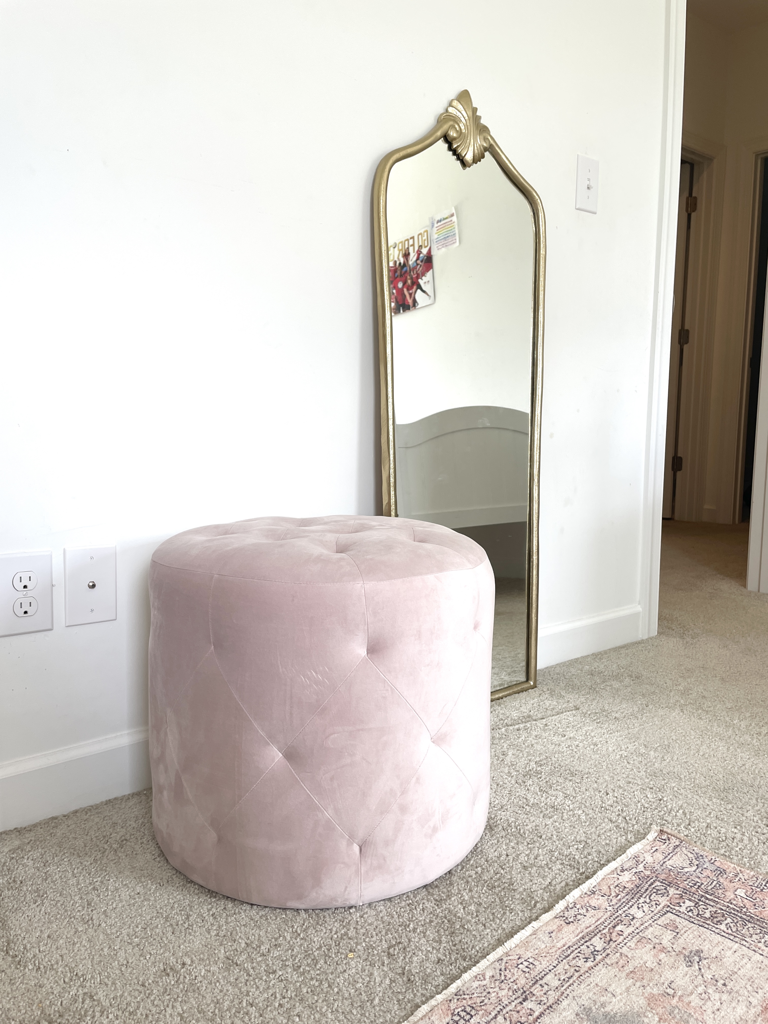 Pink Velvet Ottoman and Vintage gold mirror