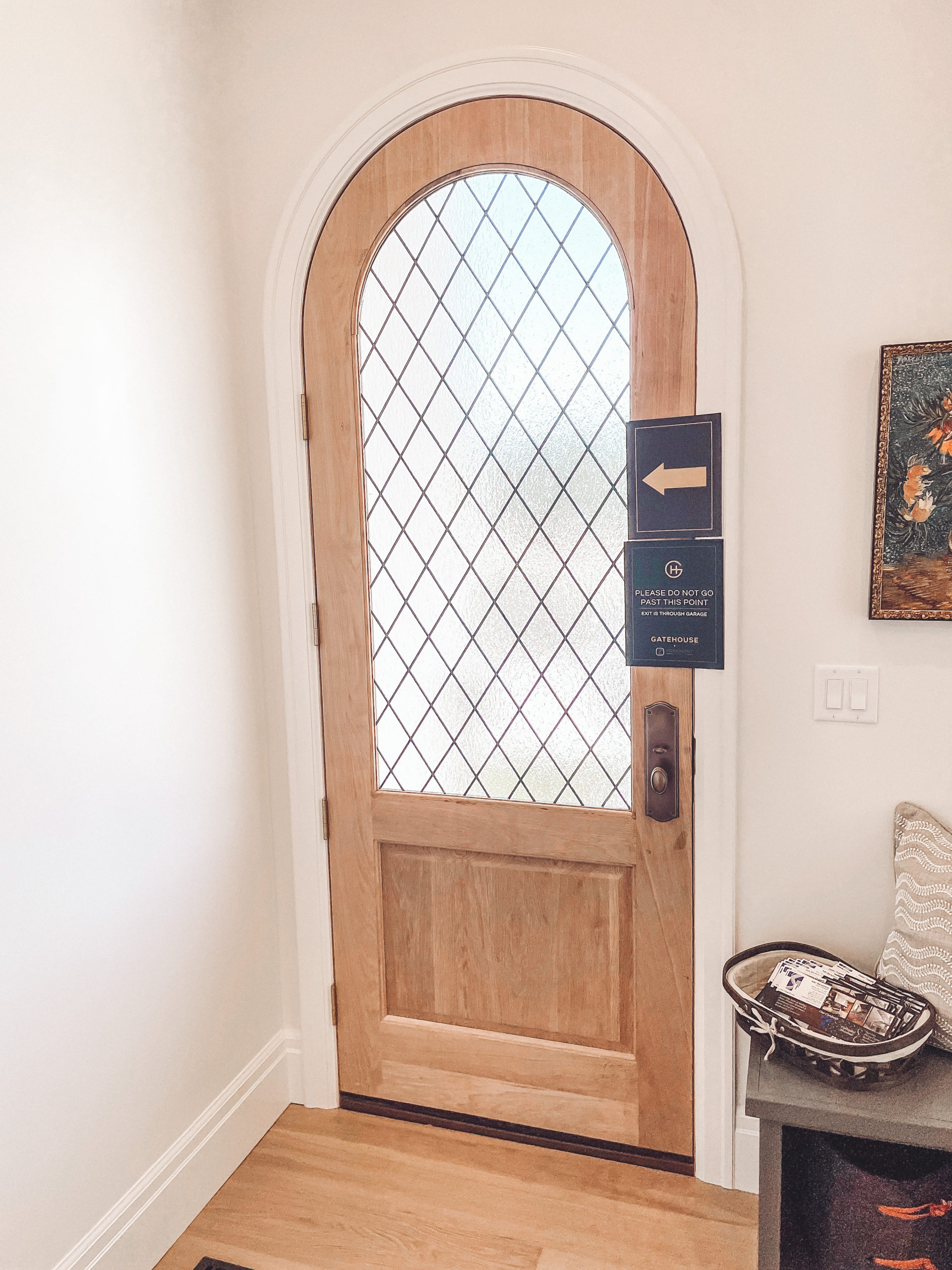 arched door with diamond decorative privacy glass
