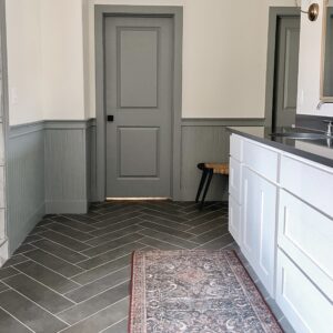painted trim doors and beadboard in master bathroom